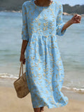 Natalie™ | Plant & Flower Print Round Neck Midi Dress