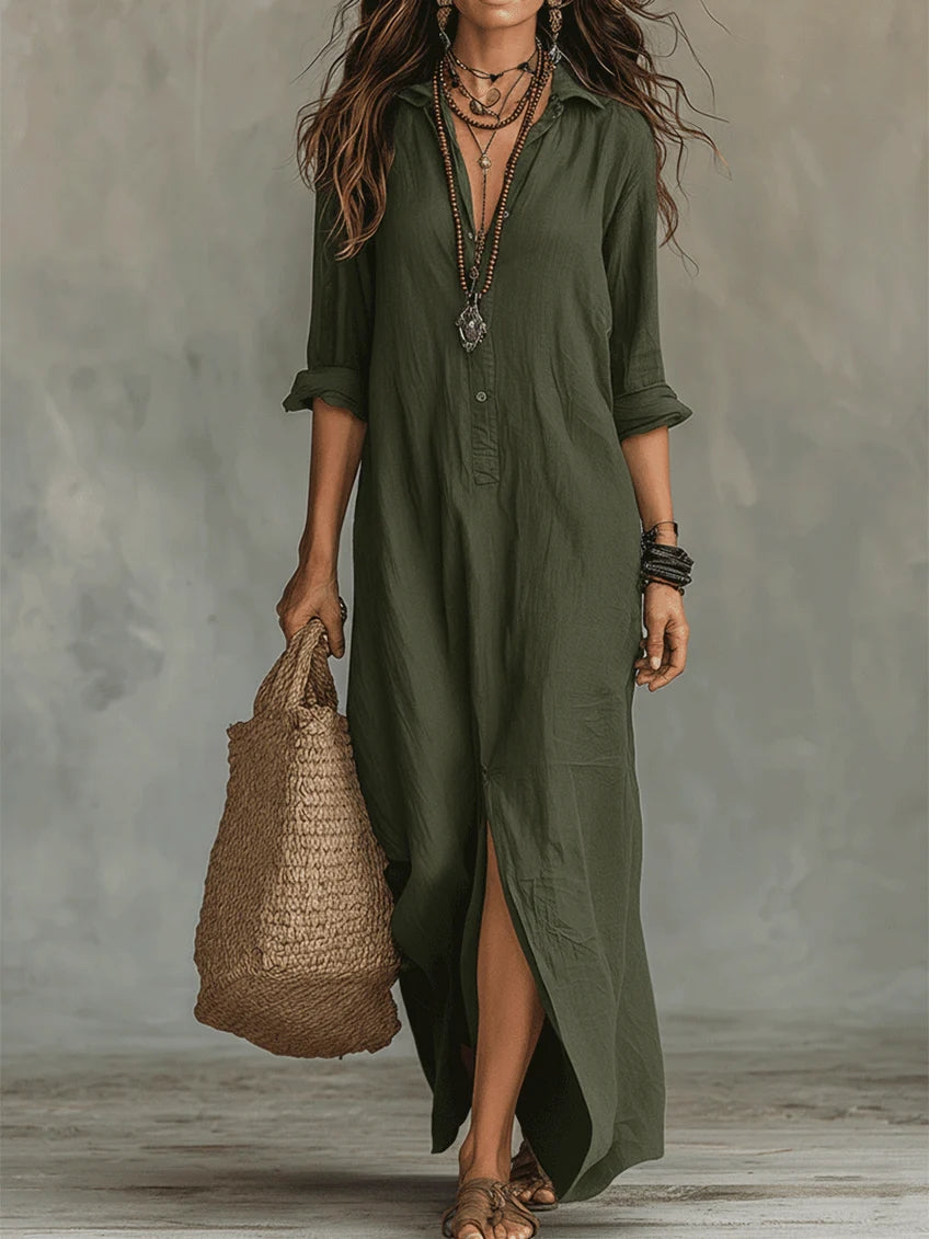 Soline™ | Relaxed Black Maxi Dress with Buttons