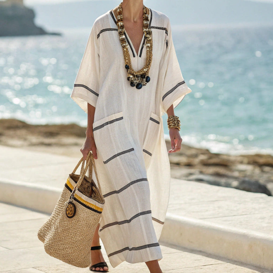 Victoire™ | Elegant Black Stripe Caftan Dress