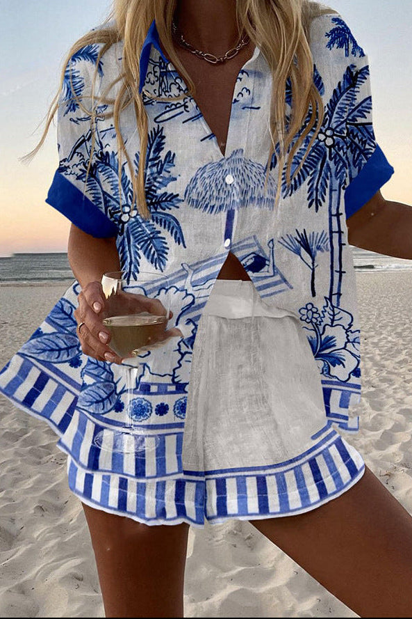 Zanika™ | Linen Short Set with Palm Tree Print