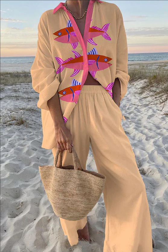 Evalisse™ | Pink Fish Print Linen Set