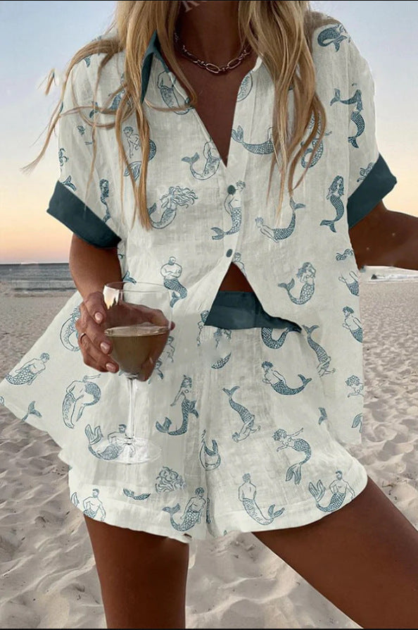 Jalira™ | Mermaid Printed Linen Short Set