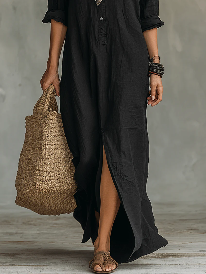 Soline™ | Relaxed Black Maxi Dress with Buttons