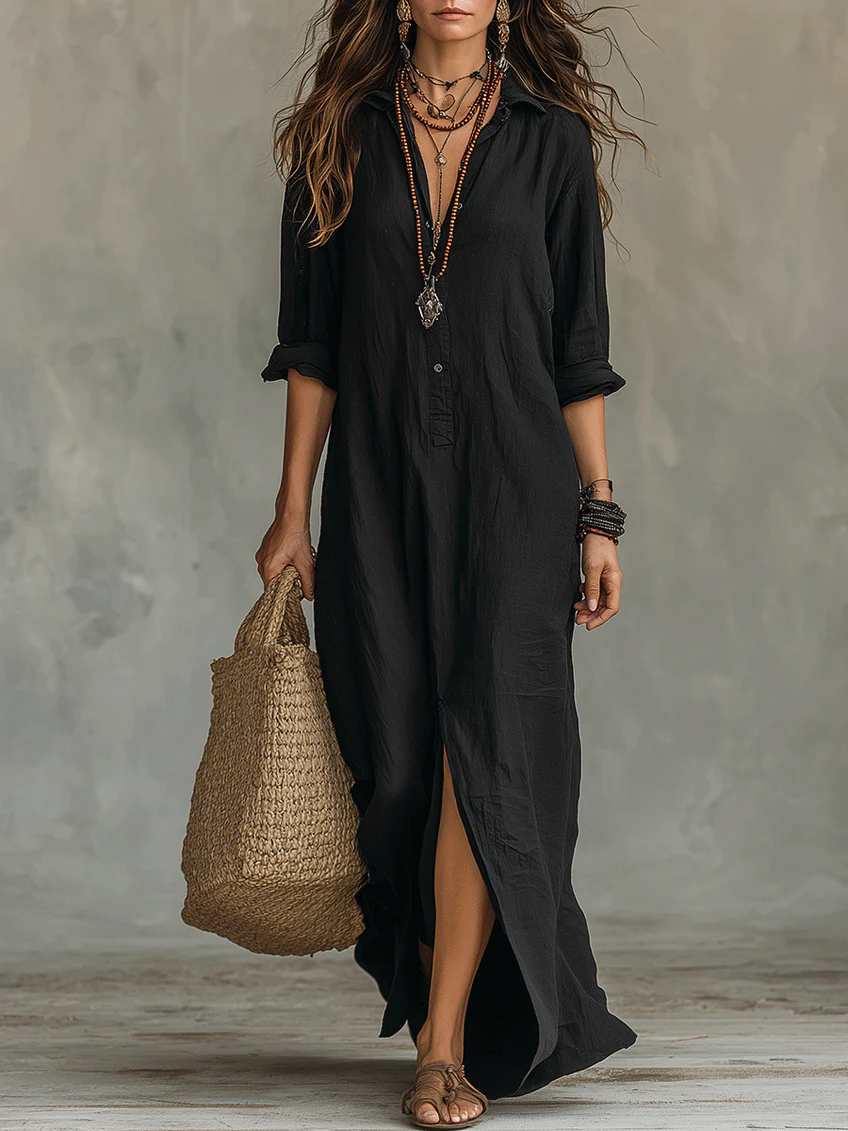 Soline™ | Relaxed Black Maxi Dress with Buttons