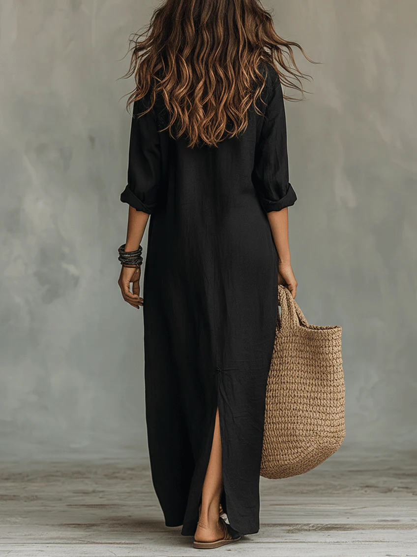 Soline™ | Relaxed Black Maxi Dress with Buttons