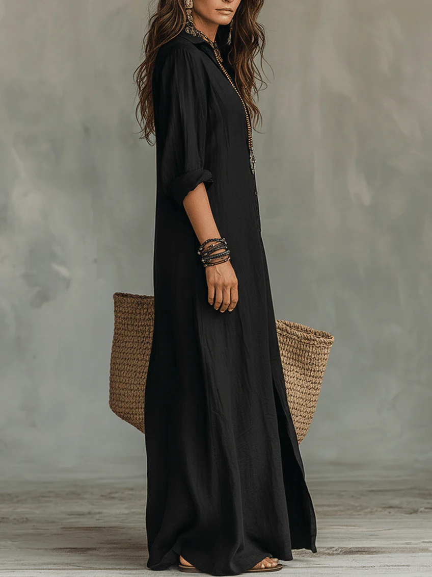 Soline™ | Relaxed Black Maxi Dress with Buttons