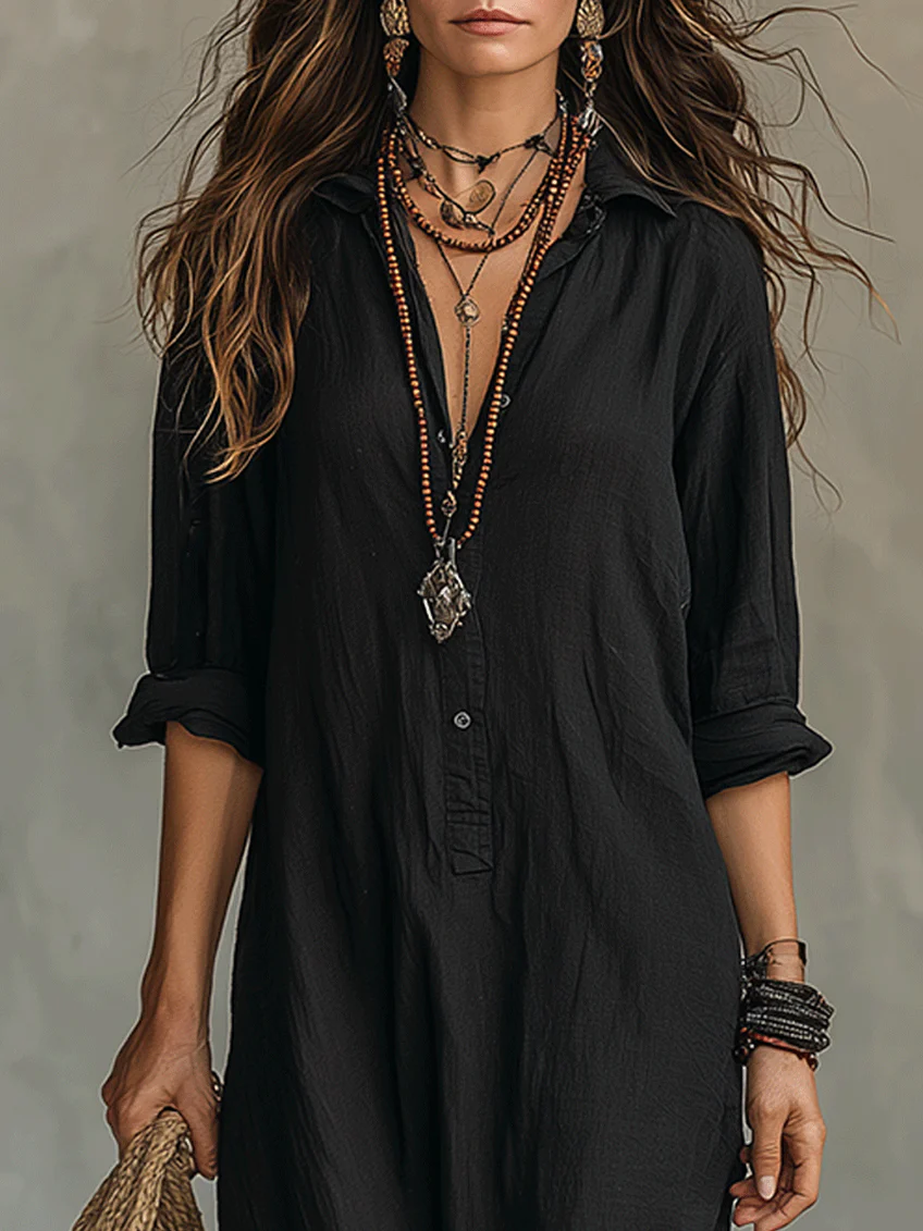 Soline™ | Relaxed Black Maxi Dress with Buttons