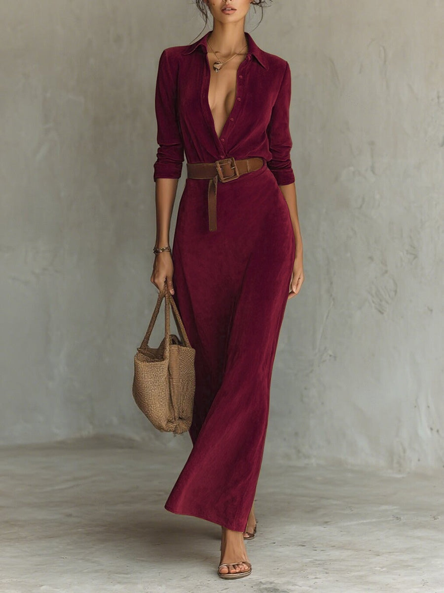 Juline™ | Suede-Look Maxi Dress with Lapel