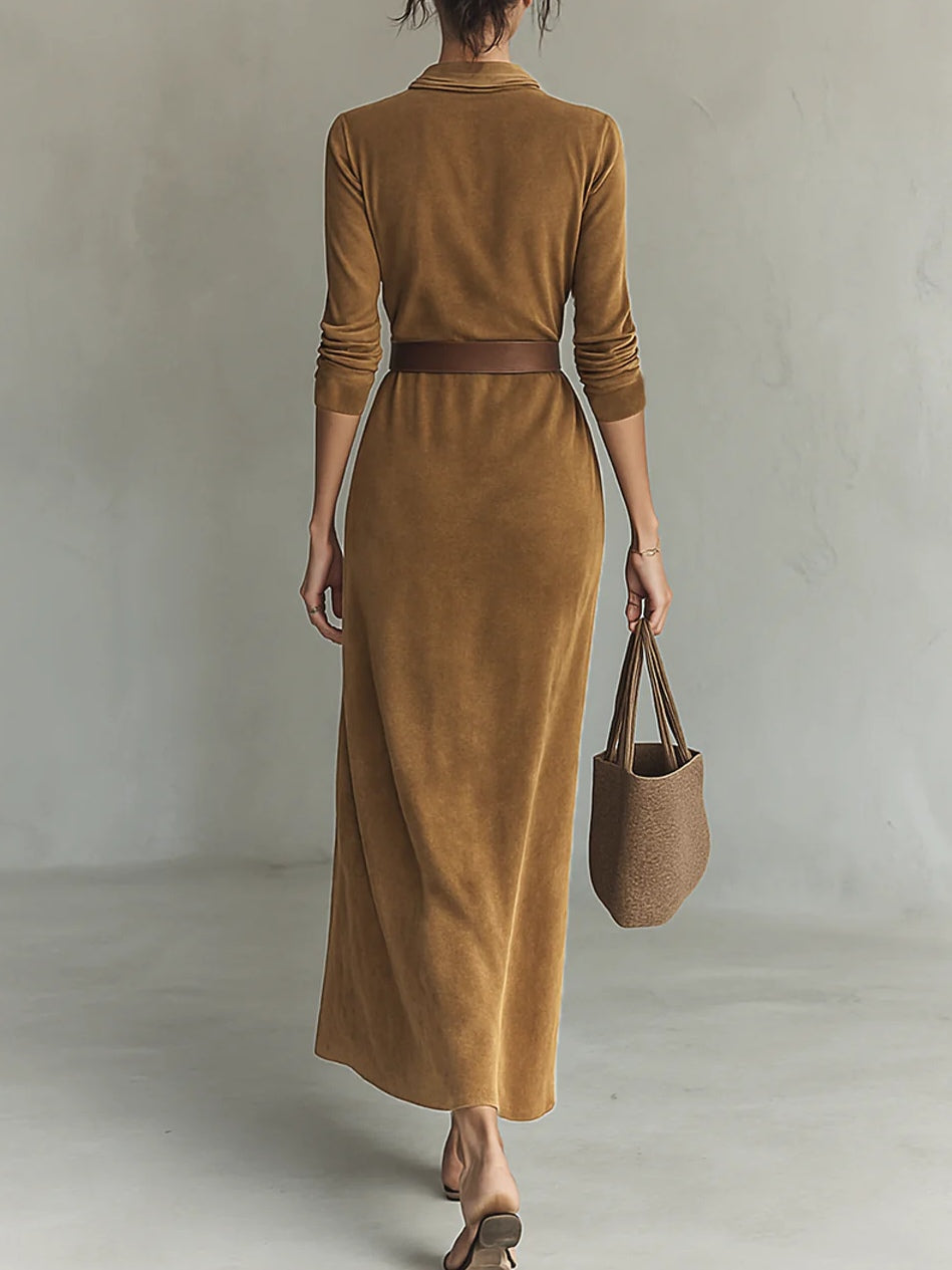 Juline™ | Suede-Look Maxi Dress with Lapel