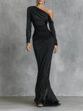 Célina™ | Satin One-Shoulder Maxi Dress in Black